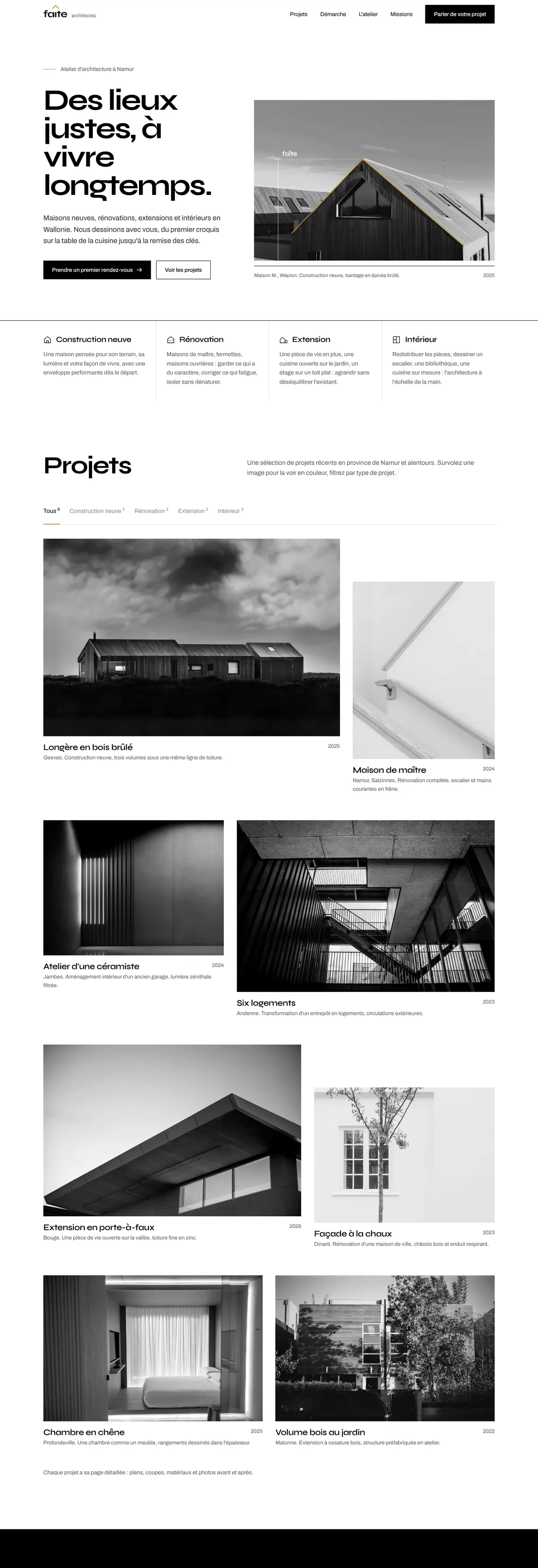 Exemple de site internet pour architecte : Faîte architectes (version ordinateur)