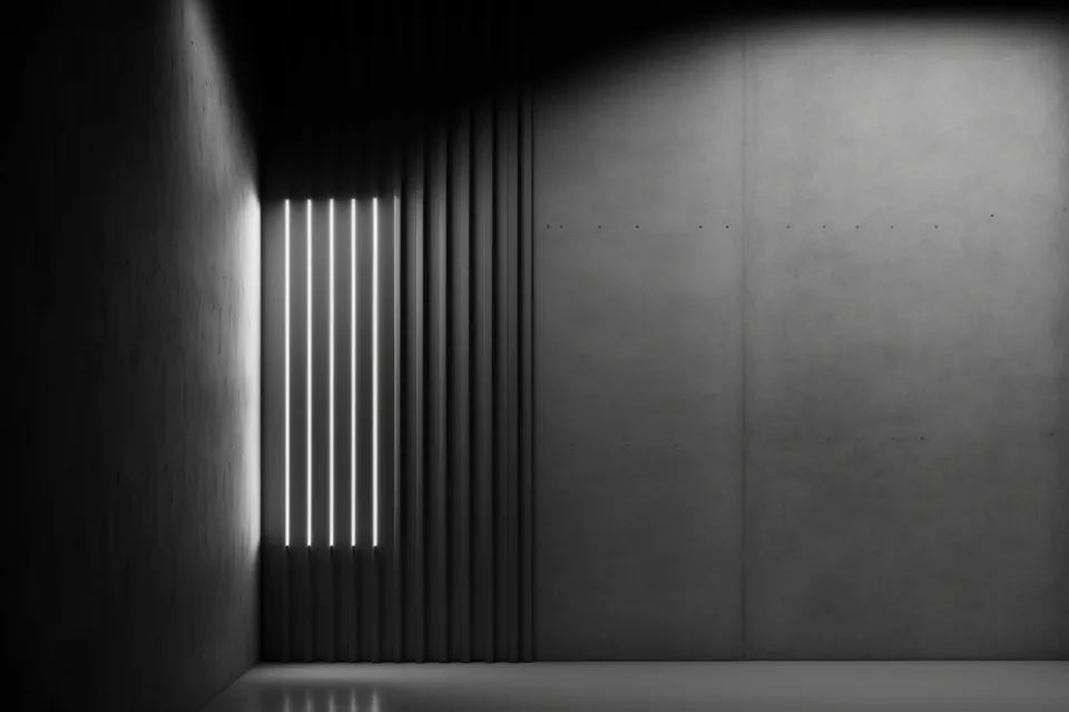 Mur de béton éclairé par de fines fentes de lumière verticales