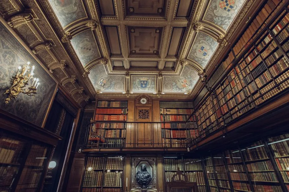 Bibliothèque ancienne aux rayonnages chargés d'ouvrages reliés