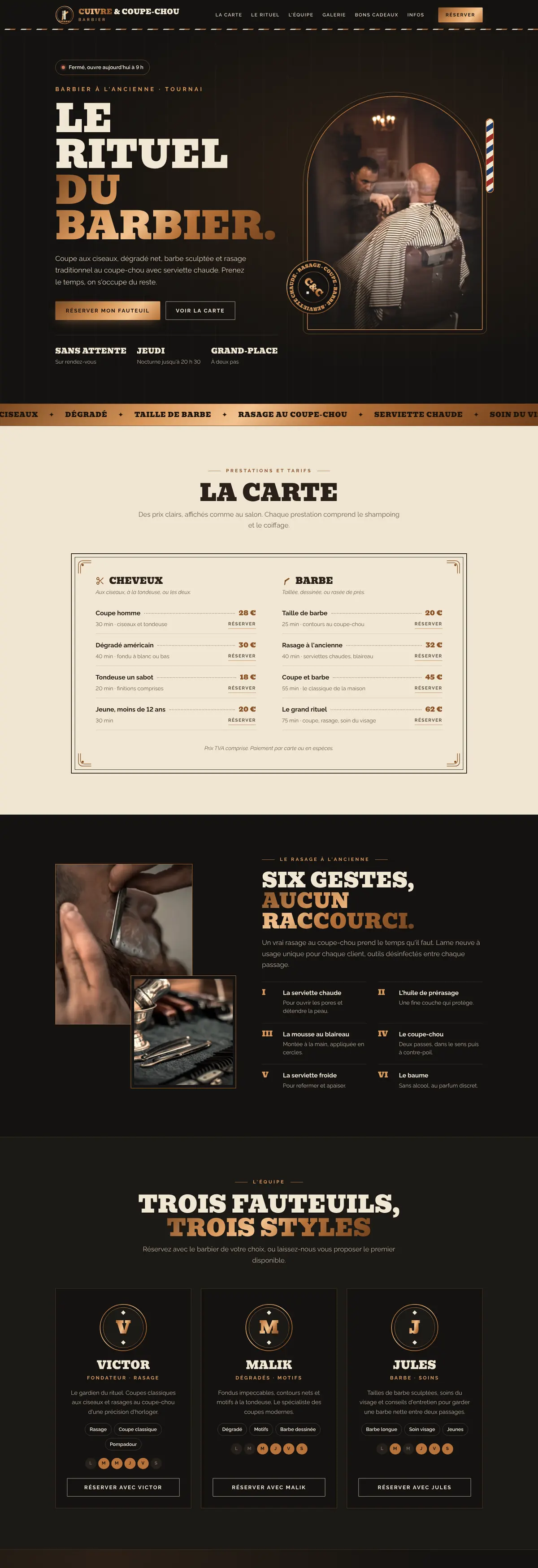 Exemple de site internet pour barbier : Cuivre & Coupe-Chou (version ordinateur)