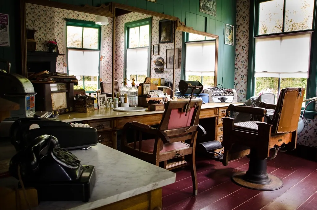 Salon de barbier vintage avec fauteuils en cuir et boiseries vertes