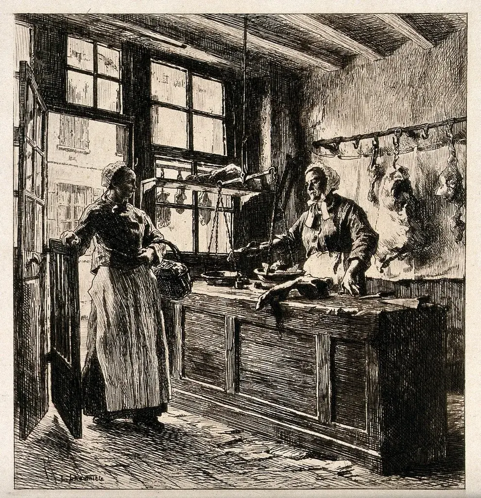 Gravure ancienne d'une bouchère derrière son comptoir
