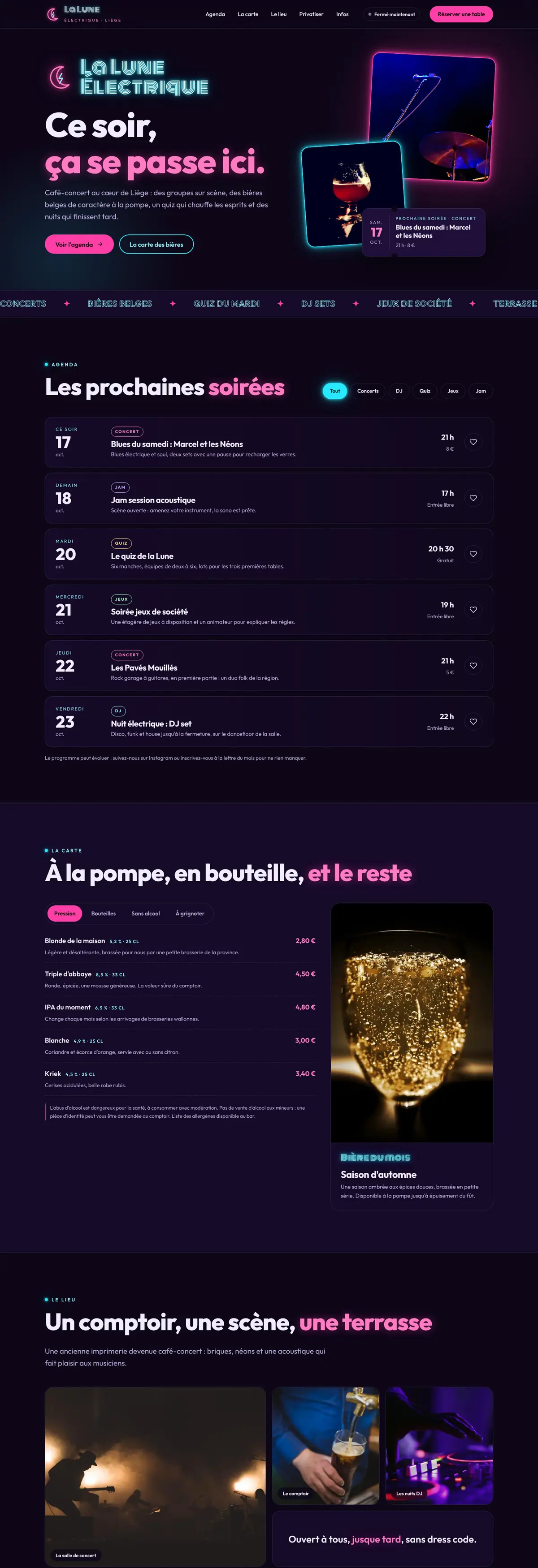 Exemple de site internet pour café-bar : La Lune Électrique (version ordinateur)