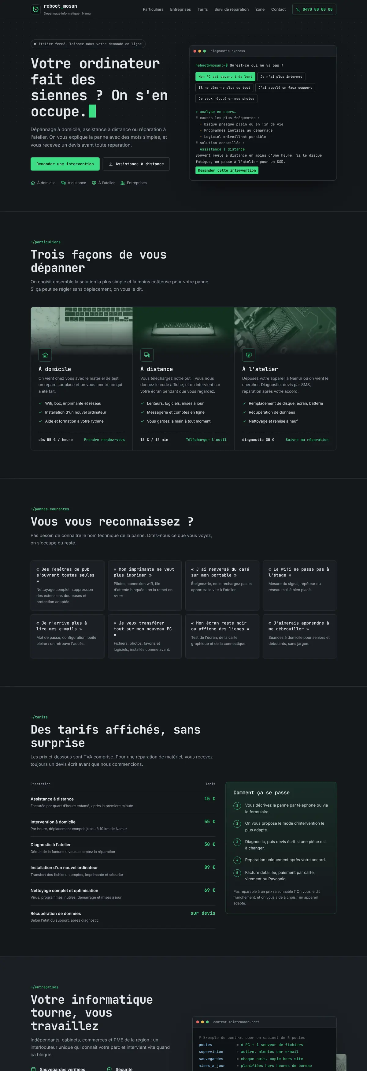 Exemple de site internet pour dépanneur informatique : Reboot Mosan (version ordinateur)