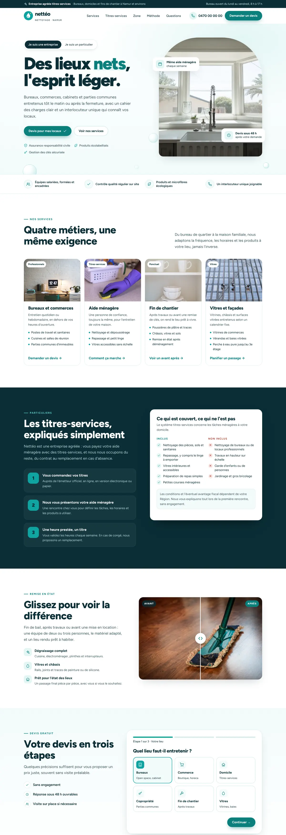 Exemple de site internet pour entreprise de nettoyage : Nettéo (version ordinateur)