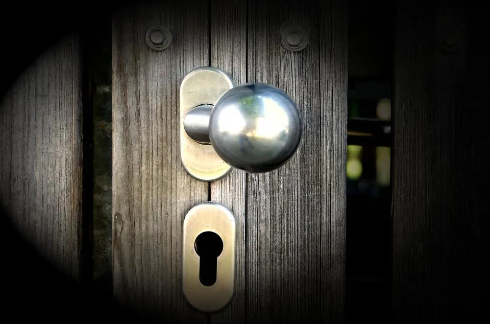 Poignée de porte et serrure sur une porte en bois sombre