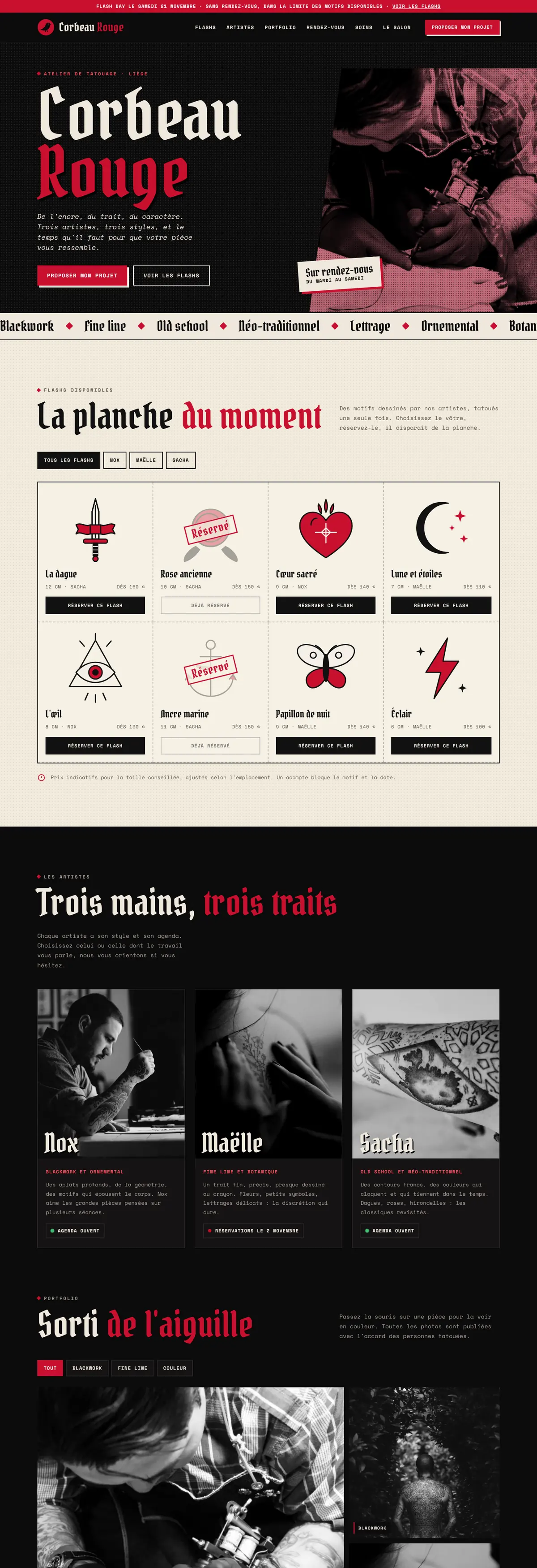 Exemple de site internet pour tatoueur : Corbeau Rouge (version ordinateur)